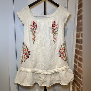 Breezy Cream Cotton and Linen Anthro  Mini Dress with Floral Embroidery